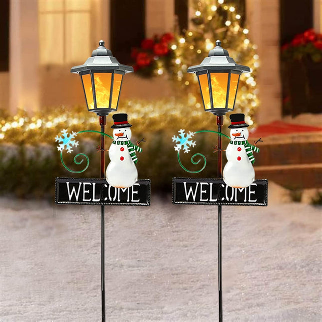 Christmas Snowman Pathway Lights Outdoor Decoration - 2 Pack Waterproof Flickering Flames Solar Garden Stake Lights, 12 Bright LED Solar Pathway Lights for Patio Yard Lawn Driveway Christmas Decor
