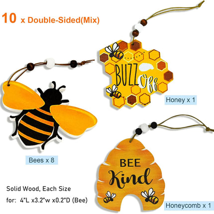 10 Pcs Bee Ornaments Beehive Wood Bumble Bees Cutouts Decorations Honeycomb Sign Crafts for Tree Tree Tray Wreath Christmas Festival Home Hanging Decor, Bulk