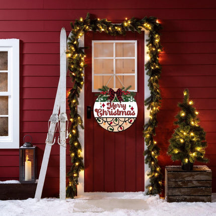 OLMIXA Merry Christmas Wreath Wooden Sign (12x12 inch), Bright Christmas Welcome Front Door Hanger, Xmas Winter Holiday Decorative Signs for Farmhouse Garden Porch Decor