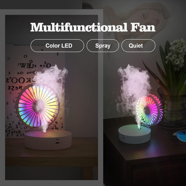 Mini Desk Fan, 3In1 Portable Misting Fan, Necklace Hand Fan With Colorful Led, Small Handheld Fan Foldable, Quiet, Lanyard