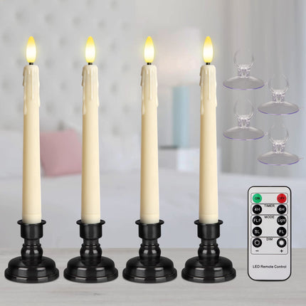 Battery Operated LED Window Candles with Remote Timer, 8 Inches Ivory Flameless Taper Flickering Candles, Removable Black Candlesticks and Suction Cups, Holiday, Home Decor, 4 Pack