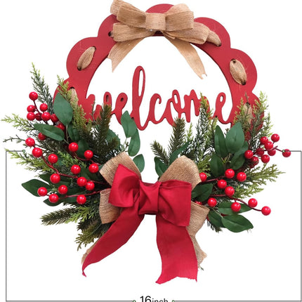 Tempus 16 Inch Wooden Board Circle Wreath Artificial Christmas Wreath Christmas Ribbon Wreath with Welcome Sign for Front Doors, Walls, farmhouses, Holiday Parties, Interior Decorations