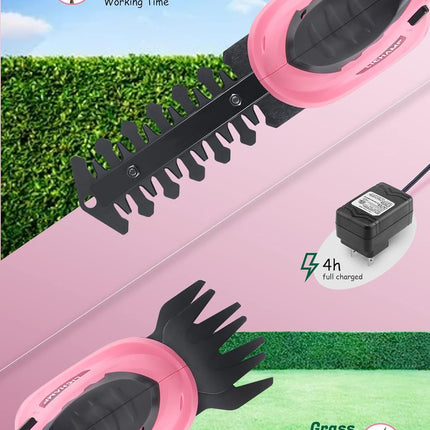 Lichamp 2-in-1 Electric Hand Held Grass Shear Pink Hedge Trimmer Shrubbery Clipper Cordless Battery Powered Rechargeable for Garden and Lawn, CGS3601PK Pink