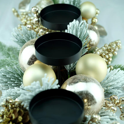 YULETIME 28" Christmas Triple Candelabrum, Holiday Candle Holder with Three Trays, Gold Baubles, Golden Berries & Leaves, Snowy Flocked Pine Needles (Gold)