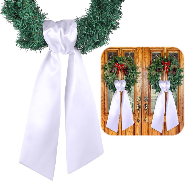2 Pcs Wreath White Sash for Front Door Polyester Blank Wreath Plain Sash for Embroidery Monogram Wreath Accessories for Xmas Party Indoor Outdoor Decor (4.5" W X 56" L)