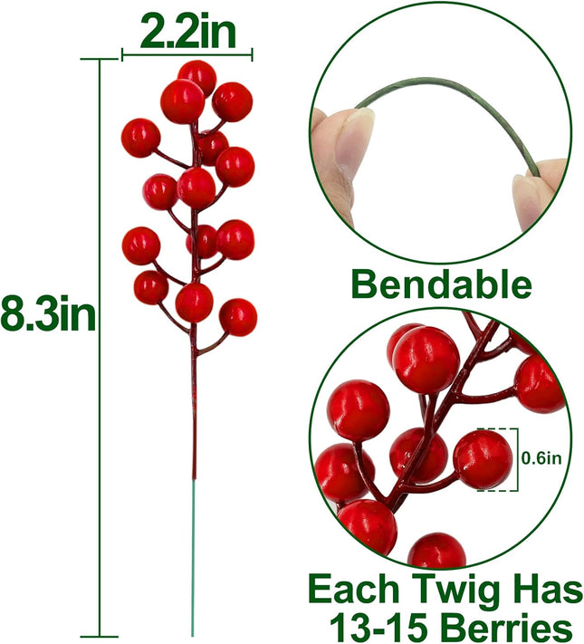 50 Pack Red Berry Stems Waterproof Christmas Picks Sprays Holly Berry Branches Christmas Tree Decorations Artificial Flower for Vase DIY Crafts Xmas Ornament Wedding Winter Holiday Home Decor