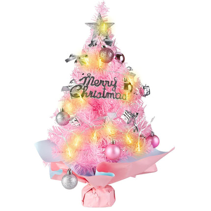 Pink Tabletop Christmas Tree with Lights, 24inch/2ft Mini Pink Christmas Tree, Pink Tabletop Christmas Tree with Star Treetop, Bow Boxes and Ball Ornaments for DIY Christmas Decoration