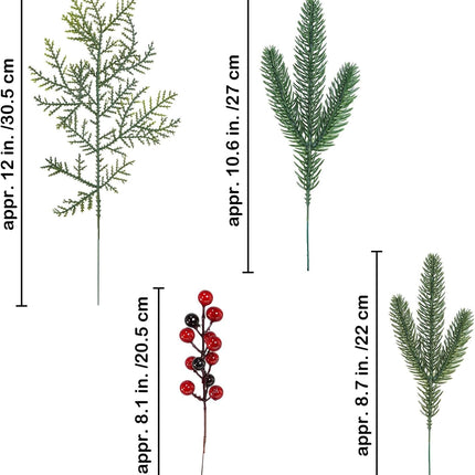 Winlyn 60 Pcs Christmas Artificial Pine Branches Red Berry Picks Fake Greenery Plants Pine Sprigs Christmas Tree Stems 8.1"-12" for Holiday Christmas Tree DIY Garland Centerpiece Floral Arrangement