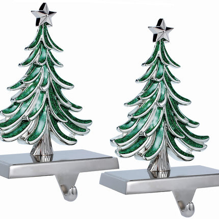 2 Pack Double Christmas Tree Stocking Holders Sliver Christmas Tree Mantle Stocking Hangers Holiday Fireplace Topper Hooks Christmas Decoration (2, Christmas Tree)