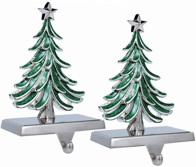 2 Pack Double Christmas Tree Stocking Holders Sliver Christmas Tree Mantle Stocking Hangers Holiday Fireplace Topper Hooks Christmas Decoration (2, Christmas Tree)