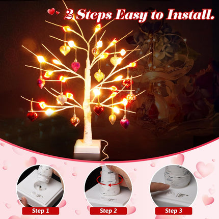 Valentines Day Tree Decorations,2 Pack 24 Inches Lighted Birch Tee with 24 Crystal Heart Shaped 18pcs Heart Ornaments,Valentine's Day Tree for Home,Tabletop,Mantel,Office