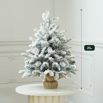 20 inch Mini Flocked Christmas Tree, Pre Lit Artificial Christmas Tree Snow Flocked Christmas Tree with Red Berries and Pinecones DIY Decorations Tabletop Christmas Tree