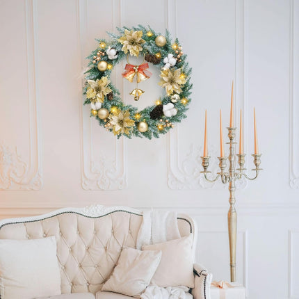 Veryhome Christmas Wreath Lights Winter Wreath, Christmas Wreaths for Front Door, Xmas Wreath with Pinecones and Gold Accents with LED Lights - Perfect for Fireplace Indoor Outdoor Holiday Decor