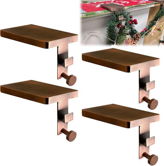 4 Pcs Christmas Stocking Holders, Mantle Weighted Christmas Stocking Hanging Hooks Stocking Holder with Double Sided Tape -Each Mantle Holder Has Two Hooks for Dual Purpose (Vintage Bronze-4 Pcs)