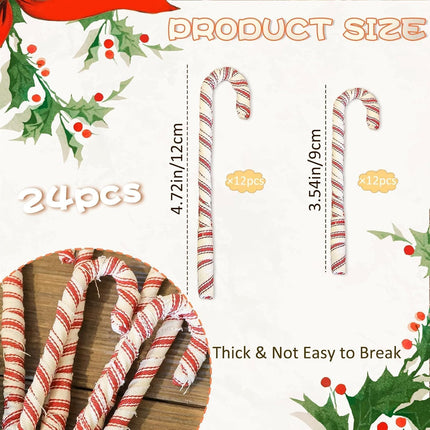 24pcs Candy Cane Christmas Decorations for Tree - Red White Fabric Wrapped Candy Cane Christmas Hanging Ornaments for Farmhouse Christmas Decor Candyland Party Favor Supplies