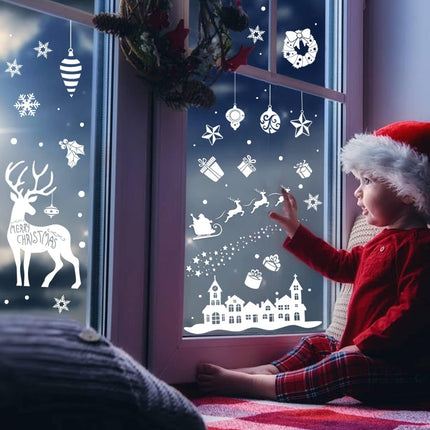 CCINEE Christmas Window Clings, 167pcs White Xmas Window Sticker 8 Sheets Snowflakes Santa Claus Reindeer Decals for Holiday Decoration Glass Window