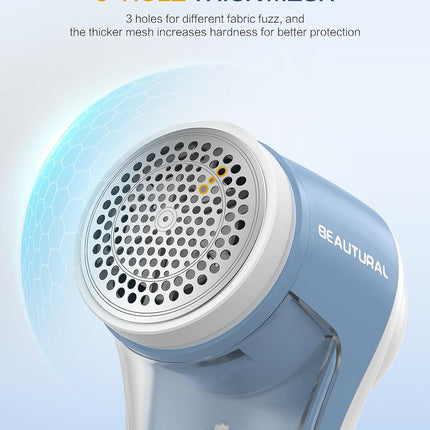 BEAUTURAL Fabric Shaver and Lint Remover, Rechargeable Sweater Defuzzer | 6-Leaf Blades, Electric Clothes Shavers to Trim Fuzz and Pills, Remove Pilling for Clothing, Furniture, Couch, Blanket - Blue