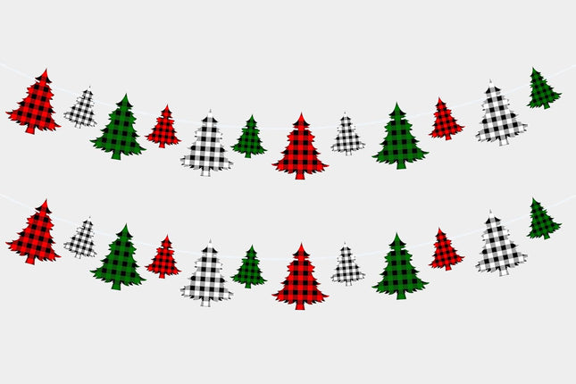 2 Pieces Felt Christmas Tree Garland Banner for Christmas Decorations, Buffalo Plaid Garland for Christmas Tree, Christmas Hanging Decorations for Mantle Fireplace Home Decor