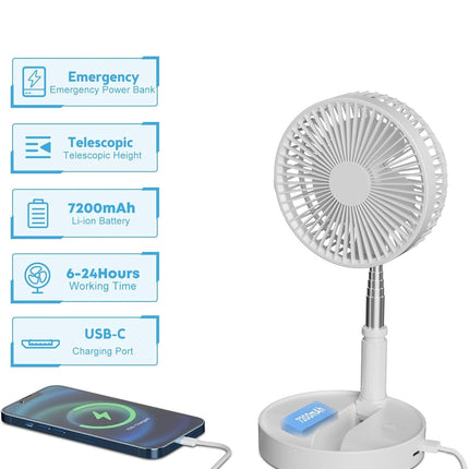 Foldaway/Foldable Fan With 7200Mah Rechargeable Battery BuiltIn, Running Time 1024 Hours Telescopic Tube Portable Quiet Floor Fan