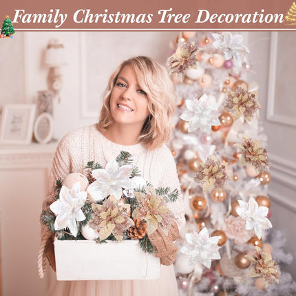 Yunsailing 30 Pcs Poinsettia Christmas Artificial Glitter Flower Xmas Flower Poinsettia for Xmas Tree Artificial Poinsettia Flower for Christmas Tree for Craft Decor (Rose Gold, Silvery White)