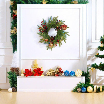 Pre-Lit Christmas Wreath 20 Inches Small Battery Operated Timer Lighted Artificial Pine Berries Xmas Decorations for Christmas Festival Celebration Front Door Wall Window Party Decor