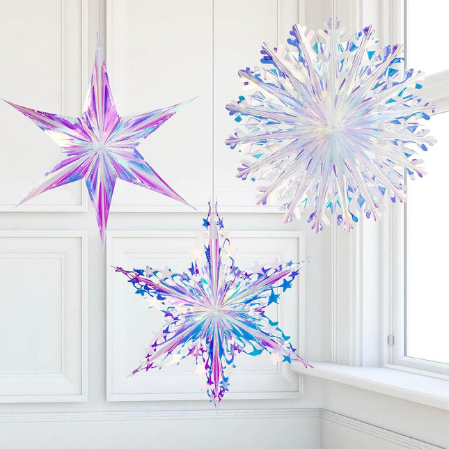3PCS Iridescent Decoration Ornaments Hanging Decorations, Iridescent Snowflakes Fan, Starry Snowflake, Hexagram Stars Garland for Home Decorations Wedding Birthday Christmas Parties, Vomika