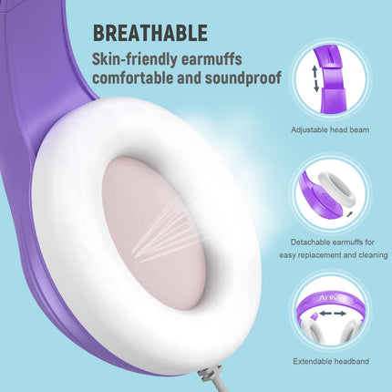 Anivia A9 Pro Purple Headset with Microphone, Stereo Sound Wired Headphones for Teen Girls Boys, Noise Cancelling Microphone with 3.5MM Jack for PC/Tablet/Game/Kindle/School/Travel/Online Learning