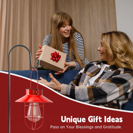 2 Pack Solar Lights Lantern Lamp with Shepherd Hook, Christmas Outdoor Decor, Solar Lantern,Metal Waterproof Edison Bulb Lights , Outdoor Garden Decorations Lights for Yard and Pathway (Red)