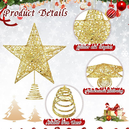 Christmas Tree Topper Star, 11.8 Inch Gold Star Tree Topper, Glittered Tree-Top Star for Christmas Tree Decoration, Holiday Ornament, Indoor Party and Home Decoration
