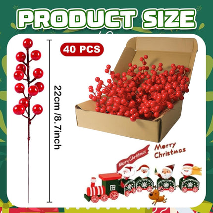 40 Pack Christmas Red Berry Stems, 8.7 Inch Christmas Berries Decorations Artificial Burgundy Berry Picks, Red Holly Berry Branches for Christmas Tree Decoration,Valentines,Wedding,Holiday Home Decor