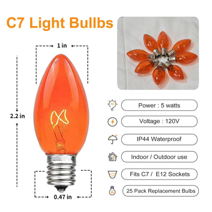 C7 Replacement Bulbs, Orange Christmas Lights Bulbs, 5W Incandescent Bulbs for Halloween Outdoor String Lights Patio Xmas Tree Decor, E12 Candelabra Base C7 Bulbs- 25 Pack