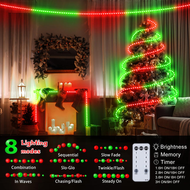 Christmas Rope Lights Outdoor, 50Ft 600 LED Red and Green String Lights, Waterproof Tube Light Plug in 8 Modes Timer Memory, Permanent Christmas Lights for Tree Fence Yard House Decorations