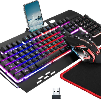 Wireless RGB Backlit Gaming Keyboard and Mouse, Rechargeable, Long Battery Life, Metal Panel Mechanical Feel Keyboard with Palm Rest, 7 Color Mouse and Mouse Pad for Game and Work