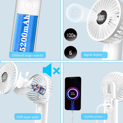 Handheld Fan, 3In1 UltraQuiet Portable Fan With 5200Mah Rechargeable Battery, 6Speed Adjustment, Led Display, Power Bank