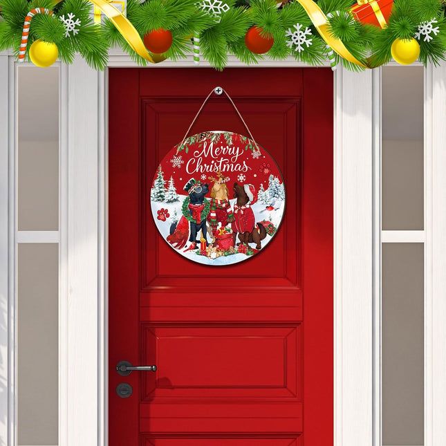 Christmas Door Decoration Merry Christmas Front Door Wreath Red Green Dog Signs Rustic Xmas Door Hanger Holiday Wooden Christmas Decor for Home Front Door Porch Wall Windows Outdoor