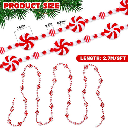 AnyDesign 9Ft Christmas Tree Candy Garland Fake Acrylic Peppermint Candy Christmas Garland Decoration Red White Candy Beaded wreath for Christmas Party Supplies Holiday Favors Xmas Home Decoration