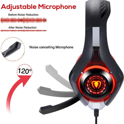 Stereo Gaming Headset for PlayStation 4 PS4, Over-Ear Headphones With Mic and LED Lights for Xbox One, PC, Laptop (Red)
