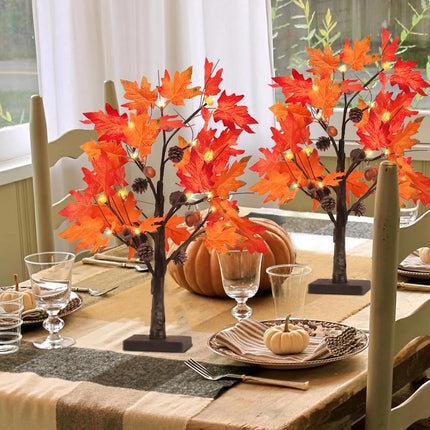 YEAHOME Fall Decorations for Home, 2 Pack 24”/2FT Lighted Fall Maple Leaves Tree with Warm White LEDs Autumn Decor, Pumpkin Lampshade, Pine Cone, Acorn Ornaments Battery Powered Timer for Thanksgiving