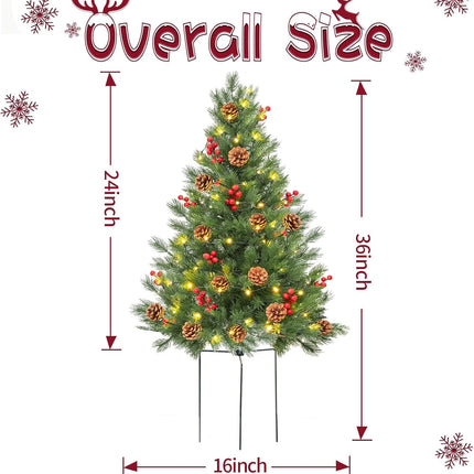 24 Inch Outdoor Christmas Tree 2 Set, Pre-lit Mini Christmas Tree Artificial Pathway Xmas Tree 50 LED with Red Berries, Pine Cones for Porch Holiday Decor