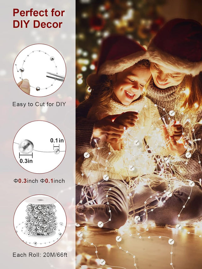 Christmas Tree Beads Garland Decorations - 66Ft Strands Chain Pearls Beads String for DIY Christmas Tree Wreath, Xmas Decor Beaded Garlands for Stairs Fireplace Wedding Holiday Party (Silver)