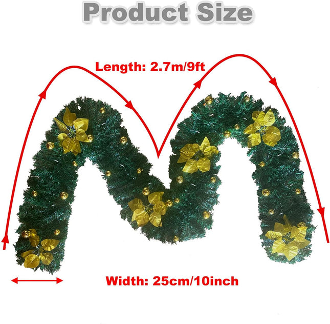 9ft Lighted Christmas Garland Artificial Pine Garland with 30 LEDs 6 Flowers and 30 Ball Ornaments Mantle Garland Greenery Garland for Christmas Holiday Party Wedding Home Decor (Gold)