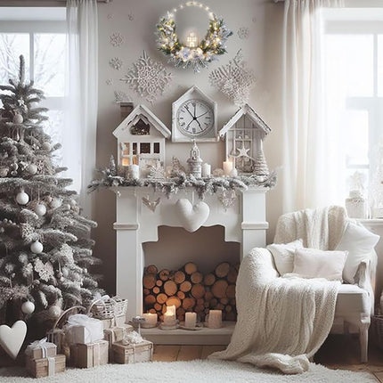 prelit Christmas Hoop Wreath with Lighted House,Farmhouse Winter Wreath with Lights,16inch Silver White Christmas Wreath for Front Door, Winter Xmas Holiday Porch Decor,Modern Mantel Decoration
