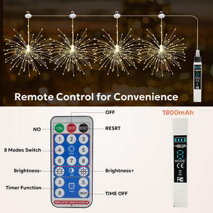 Firework Lights Outdoor 120 LED String Lights with Remote, 8 Modes, Timer USB Rechargeable Battery Powered Smart Night Light for Christmas Tree Birthday Party Decorations Indoor Bedroom, 4 Pack