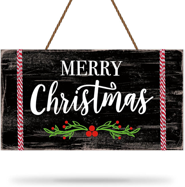 Whaline Merry Christmas Wooden Hanging Sign Xmas Holiday Welcome Wreath Sign Farmhouse Ornament Front Door Hanger Sign Decor for Indoor Outdoor Home Porch Window Wall Decor