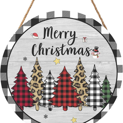 Merry Christmas Door Sign 12x12 Inch Christmas Buffalo Plaid Tree Hanging Decorations Rustic Wooden Holiday Signs Christmas Winter Decorations Sign for Home Porch Yard Christmas Year Plaque