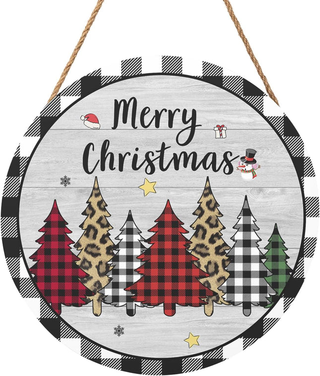 Merry Christmas Door Sign 12x12 Inch Christmas Buffalo Plaid Tree Hanging Decorations Rustic Wooden Holiday Signs Christmas Winter Decorations Sign for Home Porch Yard Christmas Year Plaque