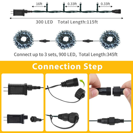 QUWIN White Christmas String Lights, 115Ft 300 LED UL 8 Modes with End-to-End Plug, Indoor & Outdoor Fairy Light for Christmas Tree, Patio, Wedding, Party (115Ft Cool White)