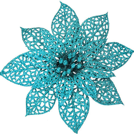 Winlyn 24 Pack Christmas Teal Glitter Poinsettia Flowers Picks Christmas Tree Ornaments 5.9" Wide for Teal Christmas Tree Wreaths Garland Holiday Seasonal Wedding Decorations White Box Included