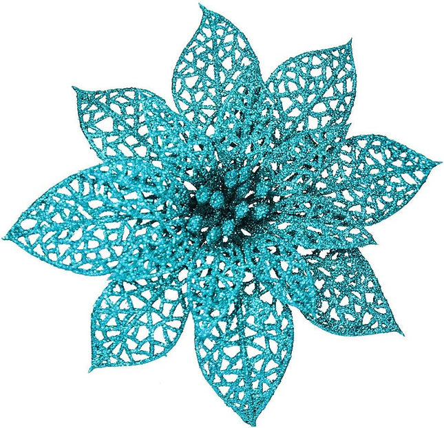 Winlyn 24 Pack Christmas Teal Glitter Poinsettia Flowers Picks Christmas Tree Ornaments 5.9" Wide for Teal Christmas Tree Wreaths Garland Holiday Seasonal Wedding Decorations White Box Included