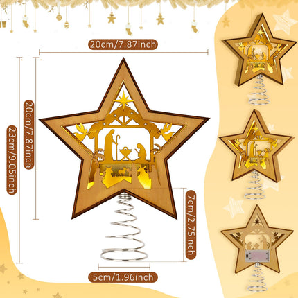 Nativity Christmas Tree Topper Star Lighted, 3D Wooden Star Tree Toppers Christmas Decorations, Christmas Tree Star Topper with Lights for Small Nativity Scene Indoor Christmas Decorations